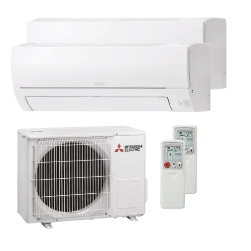 Twee witte Mitsubishi Electric wandunits, buitenunit en twee afstandsbedieningen van een airconditioningsysteem.
